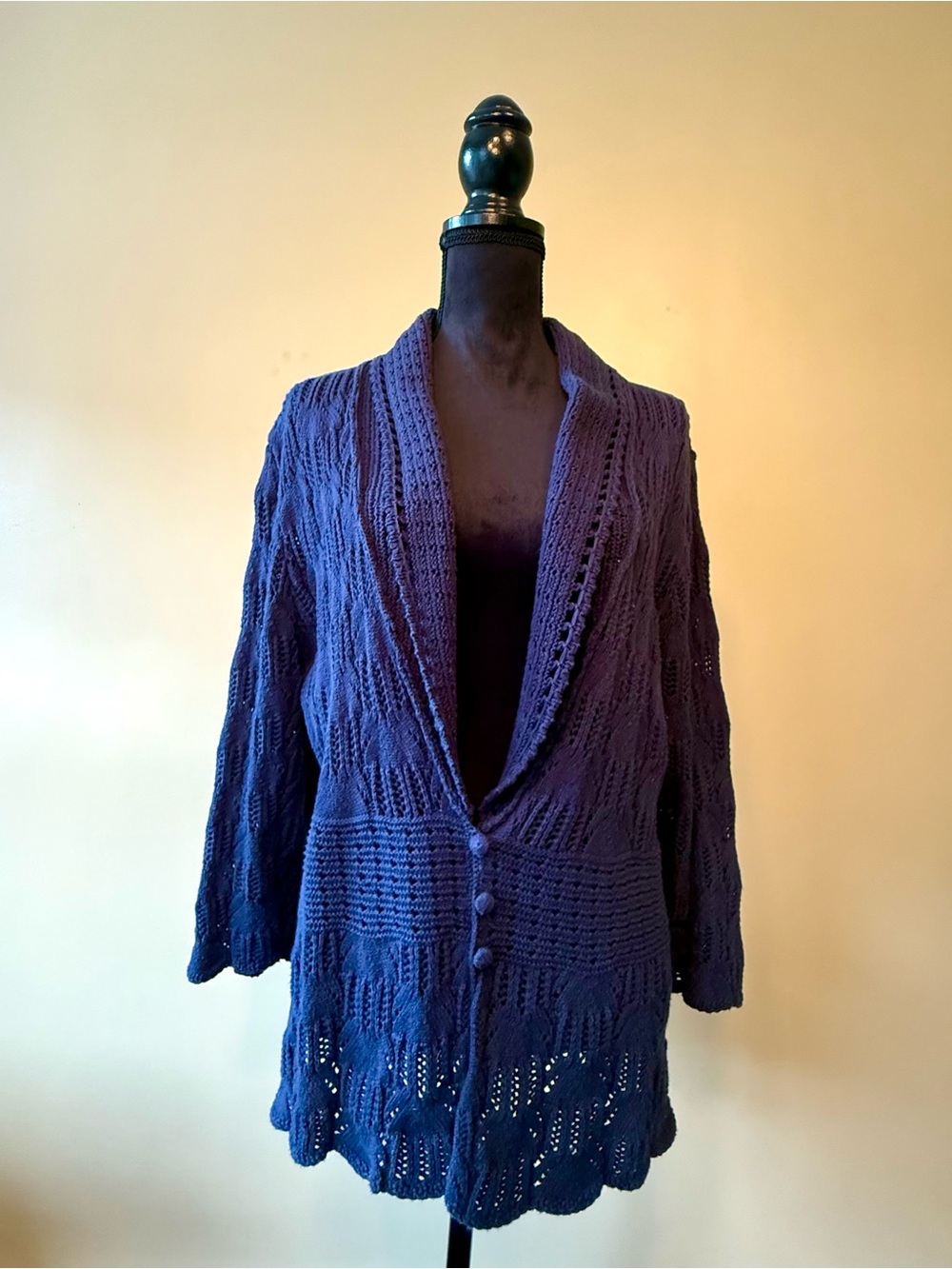 Women’s Cotton “crochet” summer sweater navy blue Size XL Boho V neck 3/4 sleeve